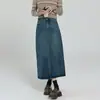 Popular Falda de Largo Medio con Control de Abdomen y Abertura Frontal, Diseño 2025 Azul Claro Botón Falda de Mezclilla Adelgazante para Mujer