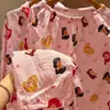 Pijama casero de gasa de algodón suave para otoño con diseño de niña de dibujos animados, holgado y transpirable, con cuello de solapa, mangas largas y pantalones largos, adecuado para usar fuera
