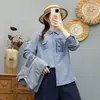 Colección Otoño 2026: Camisa de manga larga con bolsillo bordado de cuadros pequeños estilo japonés, top casual artístico ajustado para mujer