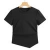 Elegante camiseta de manga corta versátil de moda coreana de corte slim con temperamento de cuello redondo pequeño y bajo asimétrico