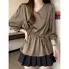 Camisa Base de Manga Três Quartos com Gola para Mulheres, Roupa de Verão, Tamanho Plus, Emagrecedora, Design de Luxo, Ajuste na Cintura, Blusa que Cobre a Barriga