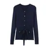 Moda feminina europeia e americana transfronteiriça, popular no AliExpress: cardigã de malha azul marinho, casual, gola redonda, corte justo