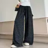 Pantalones Casuales Rayados con Cordón Caídos para Mujer Otoño Versátil Sueltos Adelgazantes de Pierna Ancha