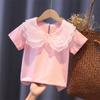 Camiseta de manga corta de algodón puro con cuello de encaje para niñas (verano 2024)