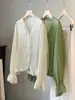 Camisa de Manga Larga con Cuello en V y Encaje para Mujer, Nuevo Estilo de Verano, Holgada y Elegante, Sencilla de Algodón y Lino con Textura, Top tipo Cárdigan