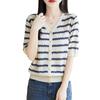 Verão 2025 Novo Cardigan Tricotado Tencel Lyocell Decote V Manga Curta Colorblock Listrado Solto Versátil Top