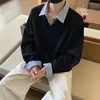 Moletom Falso Duas Peças Color Block com Gola Camisa para Homens e Mulheres, Outono Manga Longa Gola Reversível Caimento Solto Casal Versátil Casual