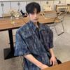 Camiseta Lavada Tie-Dye Gradiente Ombreira Masculina Estilo Americano Retrô Perfil Senso de Alta Qualidade Senso de Design de Nicho Camiseta de Manga Curta Moderna