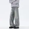 Calça Jeans Masculina Transfronteiriça Primavera e Outono Nova Estilosa Tendência Estampada Estrela Moda Versátil Reta Solta Perna Larga para Homens