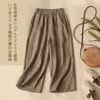 Camisa artística vintage de algodón y lino bordada de manga tres cuartos, conjunto de dos piezas para el verano para madres, top de color liso y pantalones de pierna ancha para mujer