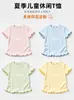 Camiseta de Manga Corta con Volantes Dulces para Niñas, Camiseta Base Elástica de Canalé Multicolores para Verano, Ropa Versátil para Niños, Una Pieza Dropshipping