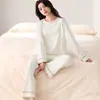 Pijama de algodón elástico de manga larga y pantalón largo de otoño, nuevo al por mayor para mujer, cuello redondo, se puede usar en el exterior, conjunto de dos piezas para el hogar
