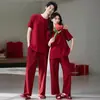 Pijama de Algodón Lycra para Mujer, Rojo Festivo Sencillo Casual de Manga Corta y Pantalón Largo para Pareja de Recién Casados, Conjunto de Ropa para el Hogar para el Año de Nacimiento