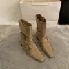 Botas de mujer de tacón fino vintage moda del medio oeste 2026 botas francesas punta cuadrada botines cortos nuevo lanzamiento de otoño tacón grueso