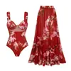 Maiô Biquíni Vintage Vermelho com Estampa Floral e Aro para Plus Size Feminino, Moda Praia Transfronteiriça Europeia e Americana de Alto Padrão, Novo Estilo