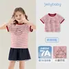 Camiseta Listrada de Manga Curta para Meninas Verão 2026 Novo Estilo Roupas Casuais de Algodão Puro com Cor Contrastante para Crianças Maiores