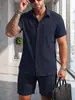 Conjunto Masculino de Verão Listrado com Manga Curta e Shorts Roupa Masculina Duas Peças Casual Business Transfronteiriça