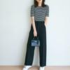 Camiseta Simple de Primavera y Verano Lotte Japonesa para Mujer Casual Artística Retro Diseño Nicho Sentido Color Sólido Rayas Manga Corta