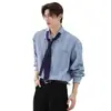 Camisa Retro Americana de Rayas Verticales de Manga Larga para Hombres y Mujeres, Diseño de Corbata para Primavera y Otoño, Top Versátil Casual Estilo Universitario
