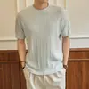 Camiseta de punto trenzado con cuello redondo y manga corta para hombre, estilo Old Money, con jacquard, hombros normales, top casual de verano, sin arrugas, corte ajustado
