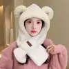 Conjunto de duas peças de chapéu e cachecol para mulheres, novo design fofo de urso de pelúcia, chapéu de inverno quente e cachecol para estudantes