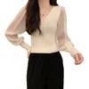 Novo Outono Transfronteiriço Chiffon Costurado Moda Camisa Básica de Tricô para Mulheres Decote V Manga Longa Ajuste Slim Top Interno