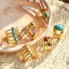 Anillo vintage versátil transfronterizo europeo y americano con turquesa y perlas, anillo abierto de acero inoxidable chapado en oro de 18 quilates