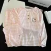 Pijama Cruzado para Mujer para Primavera y Otoño, Algodón Nube Cuello Redondo Pulóver Manga Larga Lindo Dibujo Animado Cuadros Ropa de Casa que se Puede Usar Afuera