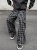Pantalones Casuales con Patrón de Diamantes Estilo Perezoso Americano Marca de Tendencia para Hombre Pierna Recta Holgada Bloque de Color Pantalones de Pierna Ancha Versátiles para Otoño