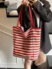 Bolsa de Lona Listrada 2024 Novo Estilo Coreano Ins Tote Casual Bolsa de Ombro Grande Capacidade Bolsa Tote Sacola de Compras