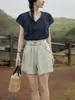 Camisa Solighte Ramie Retrô Francesa Decote V Feminina Verão 2025 Nova Slim Solta Top