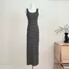 Vestido de Tirantes Rayado de Moda con Abertura Lateral, Vestido Casual de Punto Relajado, Mezcla de Algodón Rayado Azul Marino, Corte Ajustado