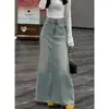 Saia Vintage Plus Size Feminina 2025 Nova Verão Cintura Alta Saia Jeans Lavada para Menina Cheinha Cobertura da Barriga Saia Emagrecedora