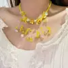 Collar de Cristal con Perlas y Flores Amarillas Dulces para Primavera y Verano, Cadena para Clavícula con Atmósfera Estilo Vacacional, Cadena de Cuello Versátil de Alta Gama