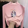 Camisa Base Feminina de Veludo Manga Longa Outono e Inverno Nova Infantil Meia-Gola Quente e Estilosa Camiseta Interna Dupla Face
