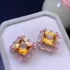 Nuevos Pendientes Cuadrados Elegantes de Moda 2024 Citrino Natural Incrustado Aguja de Plata S925 Pendientes de Gama Alta Venta al Por Mayor