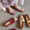 Sapatos de Vovó em Estoque~ Estilo Francês Bico Redondo Tira Cruzada Floral Sapatos Baixos Desgastados Sapatos de Mãe de Boca Rasa Sapatilhas