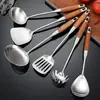 Acero Inoxidable 304 Paleta de Madera de Palisandro Utensilios de Cocina Espesor Mango de Madera Espátula Cucharón Ranurado Hogar Cocina Cocinar Saltear Espátula