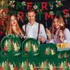 Juego de vajilla navideña con tema de árbol de Navidad verde y dorado, platos de papel, vasos de papel, mantel, banderines, artículos para fiestas navideñas