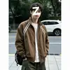 Jaqueta Listrada Marrom Maillard Masculina, Estilo Curto de Outono, Ombro Normal Jaqueta Baseball, Casaco Tendência para Casais Americanos