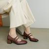 Sencillos Versátiles Texturizados Piel de Vaca Doble Botonadura Mary Jane Primavera 2025 Tacón Medio Grueso Punta Redonda Cuero Genuino Zapatos de Una Capa para Mujer