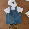 Conjunto de overol y camiseta para niños para verano, conjunto de dos piezas de mezclilla con shorts cortos de manga corta para bebé, overol de camiseta blanca