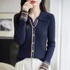 Cardigan suéter de tricô patchwork estilo étnico retrô para mulheres, gola polo, canelado, corte justo, mangas compridas, tamanho petite, peça externa