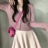 Primavera y Otoño Nuevo estilo coreano ajuste ceñido adelgazante cuello en V color liso cárdigan corto manga larga pin una pieza entrega comercio exterior