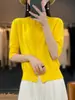 Cardigan de punto corto de algodón con cuello redondo liso, manga abullonada, cierre de botón, manga corta, adelgazante, elegante, para commuting, mujer