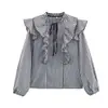 Para Exportação Europeia e Americana Transfronteiriça Roupas Femininas Aliexpress Popular Moda Outono Xadrez Pequeno Decorativo em Camadas Camisa de Manga Longa