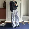Pantalones de Pierna Ancha Plisados de Línea A Rayados Azul Claro para Commute Americano, Sueltos, Versátiles, Casuales Diarios, Cleanfit