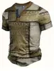 Camiseta retro de botão com meia-malha transpassada transfronteiriça, top pullover Henley casual de manga curta com estampa 3D slim fit para homens