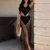 Comercio exterior transfronterizo, tejido a mano puro, con diseño de conchas, top calado con borlas largas, minifalda sexy, conjunto para vacaciones en la playa