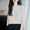 Colete Sem Manga em Linho Tencel para Mulheres, Versátil Top de Verão Novo Estilo com Gola Redonda, Camisa Básica de Tricô Fina Casual Solta